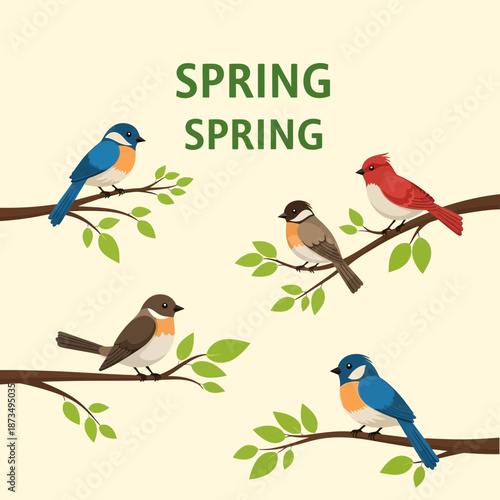Spring Birds Sitting on Branches with Green Leaves