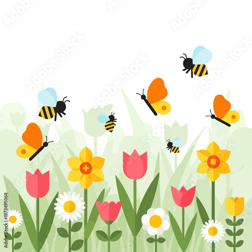 Spring flowers with bees and butterflies illustration