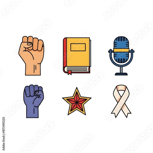 A collection of diverse symbols of protest, knowledge, and expression, featuring a raised fist, a closed book, a retro microphone, a star, and a ribbon. Isolated on White background