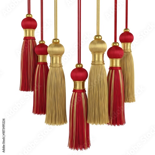 Elegant red and gold tassels hanging, creating a visually appealing pattern. The tassels showcase intricate details and luxurious textures. Isolated on White background