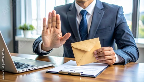 Man in suit holding envelope refusing bribe to stop corruption in business and finance