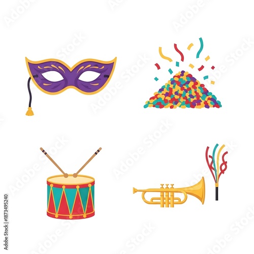 Festive illustration with carnival mask, confetti, drum and trumpet. Vibrant elements symbolize celebration Isolated on White background