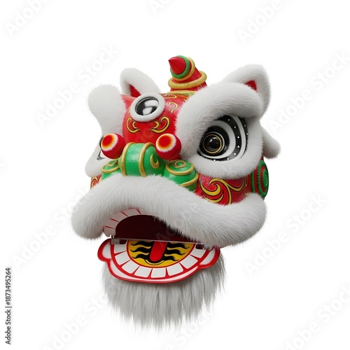 Colorful close-up of a Lion Dance head, highlighting intricate details and vibrant design Isolated on White background