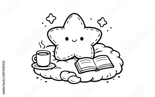 Cute star relaxation with coffee and book on cloud