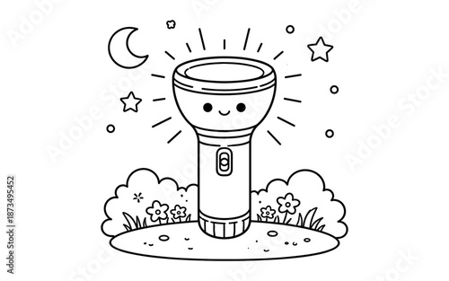 Cute flashlight in night garden with stars and moon