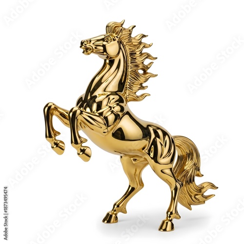 A majestic golden horse statue rearing up, exuding power and grace Isolated on White background