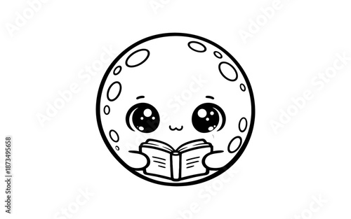 Cute moon reading book with adorable face and big eyes in black and white cartoon style