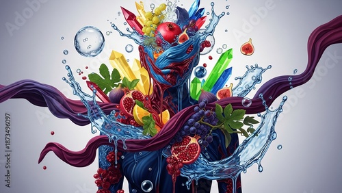 Artistic Human Silhouette Composed of Crystals, Pomegranates and Water Splashes