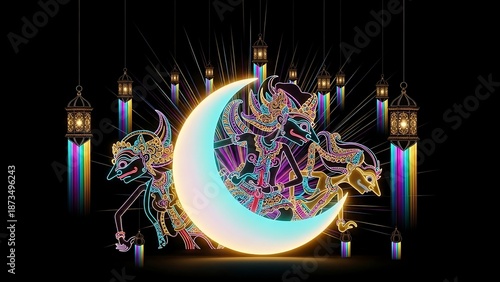 Wallpaper Mural Fantasy Dragon Riding Crescent Moon with Lanterns. Torontodigital.ca