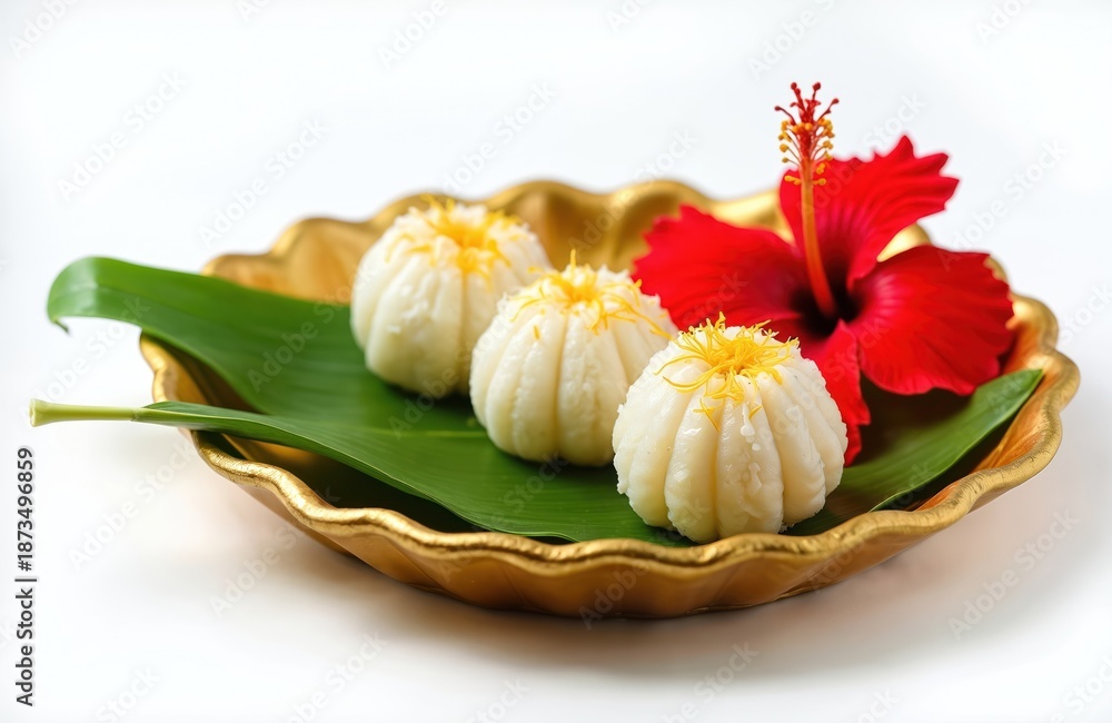 Fototapeta premium Three Ukdiche Modak sweets served on banana leaf in golden plate. Coconut jaggery filling steamed dumplings garnish. Red hibiscus flower decorates festive treat.