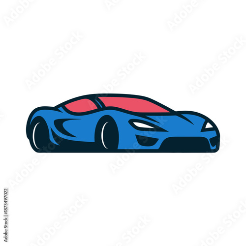 A sleek blue sports car with red windows is depicted in a modern vector graphic illustration