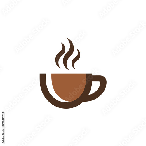 A minimalist vector graphic of a steaming hot coffee cup on a white background