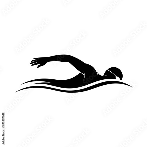 A black silhouette of a swimmer in a swimming cap gliding through the water in a minimalist vector illustration