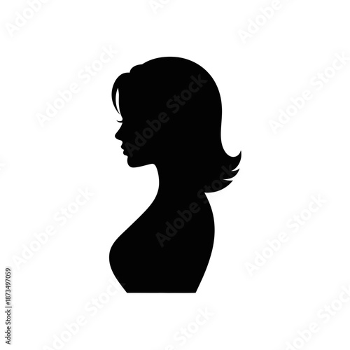 A minimalist black silhouette of a woman's head and shoulders against a white background