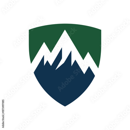A green and blue shield logo featuring a stylized mountain range in a minimalist, flat design