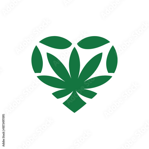 A green cannabis leaf heart shaped vector icon for marijuana or medical cannabis design