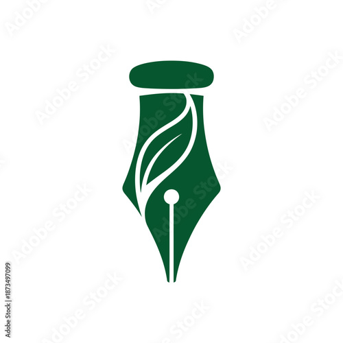 A green fountain pen nib icon with a leaf design on a white background
