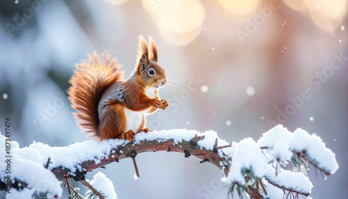 Charming red squirrel perched on a snow-laden branch in a glistening winter forest, basking in the soft sunlight