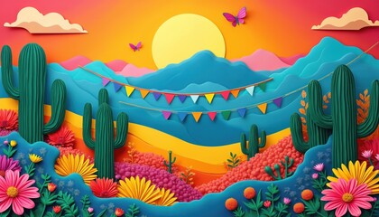 Vibrant desert landscape. Cactuses, flowers bloom beneath bright sun. Festive flags adorn hills. Butterflies flit. Colorful background evokes celebration mood. Illustration ideal for fiesta themed