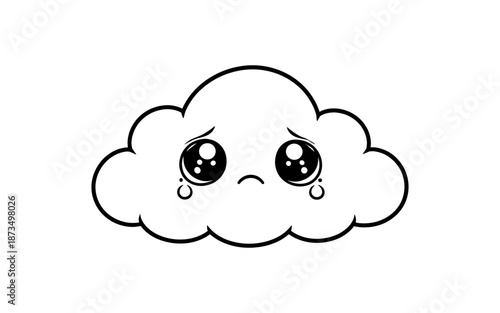 Cute sad cloud with tears and big eyes in black and white cartoon style