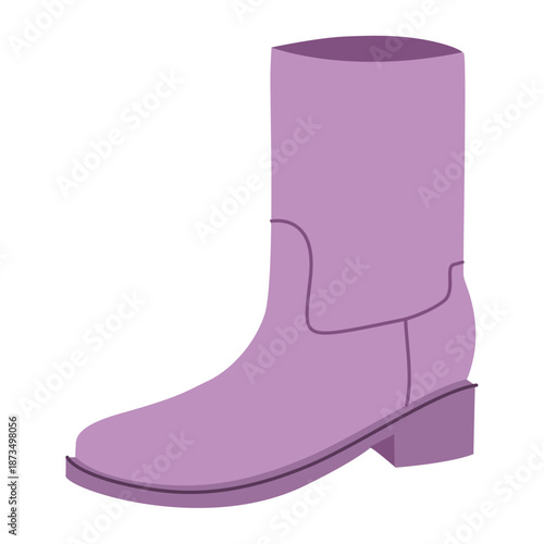 Purple ankle boot women color flat. Straight shaft mid heel boot for smart casual looks and capsule wardrobe. Technical fashion illustration CAD mockup smooth vector man unisex isolated trendy style.