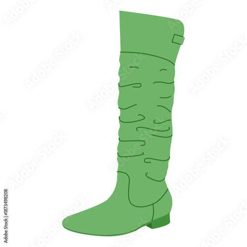 Green wrapped slouchy knee-high boot women flat pair. Ruched texture with buckle detail for boho, ethnic. Technical fashion illustration CAD mockup smooth vector men unisex isolated glamorous style