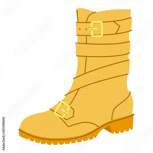 Yellow biker strap boot women color flat. Triple buckle block heel boot for edgy wardrobe and fashion styling. Technical fashion illustration CAD mockup smooth vector man unisex isolated trendy style.