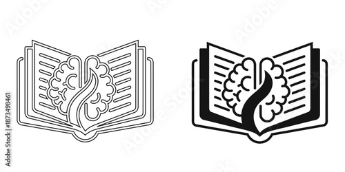 Intelligence and Knowledge Icon - Human Brain emerging from Open Book for Psychology and Mental Education