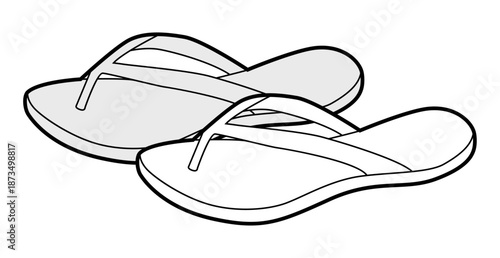 Flip flop sandal shoe women sketch pair. Classic thong beach footwear for summer casual outfit. Technical fashion illustration CAD mockup vector man unisex isolated classic style.
