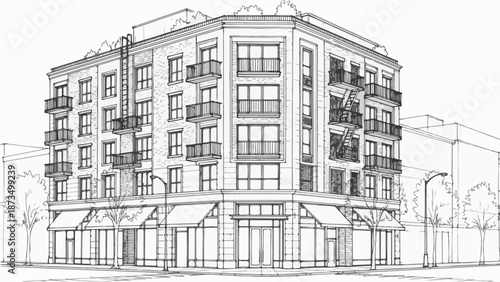 Modern corner apartment building with balcony architectural sketch
