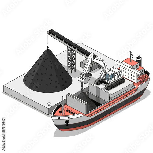 Bulk carrier ship being loaded with coal at a port terminal.