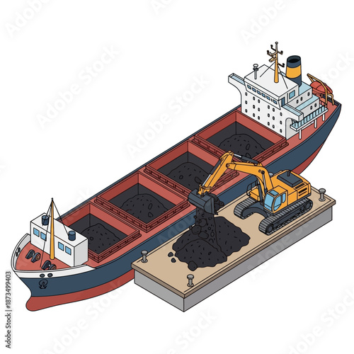 Bulk carrier ship being loaded with coal by an excavator on a barge.