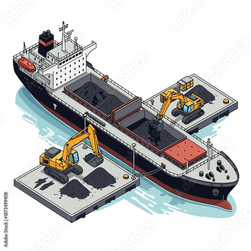 Bulk carrier ship being loaded with coal by excavators at a port.