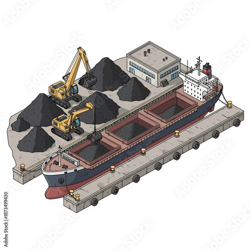 Bulk carrier ship loading coal at industrial port terminal.