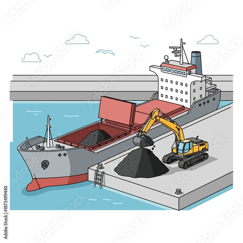 Bulk carrier ship loading coal at port with excavator.