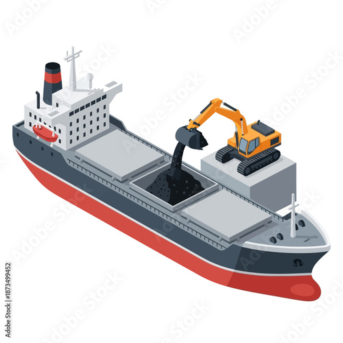 Bulk Carrier Ship Loading Coal with Excavator Isometric View.