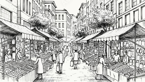 Bustling european market street view architectural sketch