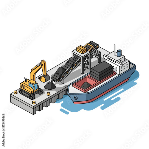 Coal Loading at Port with Excavator and Ship.