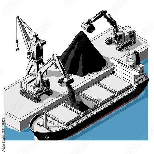 Coal Loading at Port with Cranes and Ship.