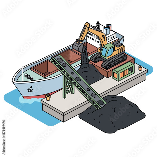 Coal loading onto a cargo ship at a port terminal.
