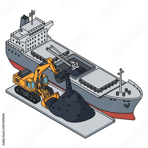 Excavator loading coal onto a large cargo ship at the port.