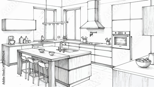 Modern kitchen interior with island counter design sketch