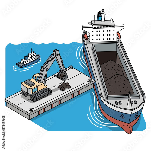 Excavator on a barge loading cargo onto a large ship.