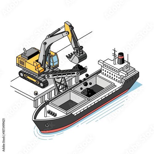 Heavy Excavator Loading Bulk Cargo Ship at Port.