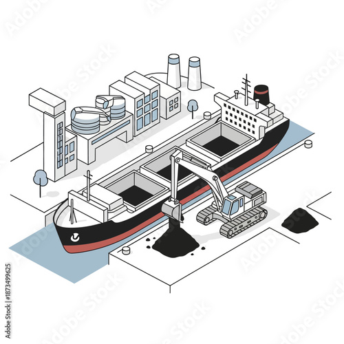 Industrial port scene with cargo ship being loaded with coal by excavator.