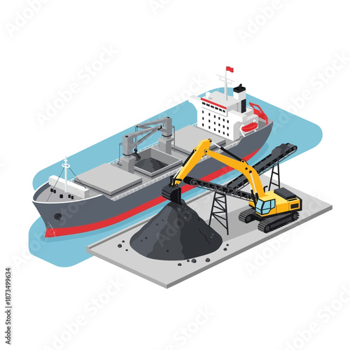 Isometric illustration of a bulk carrier ship and excavator loading coal.