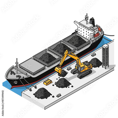 Isometric illustration of a bulk carrier ship being loaded with coal at a port.