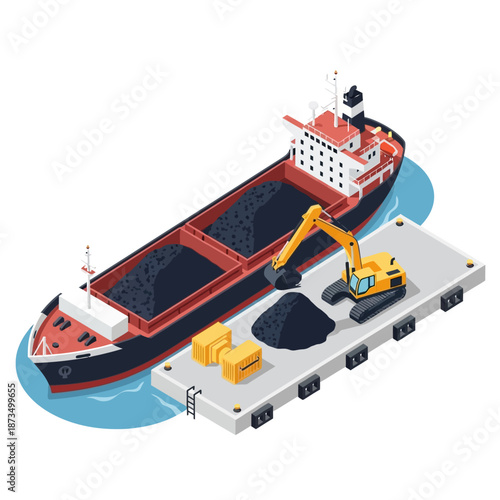 Isometric illustration of a bulk carrier ship being loaded with coal at a port.