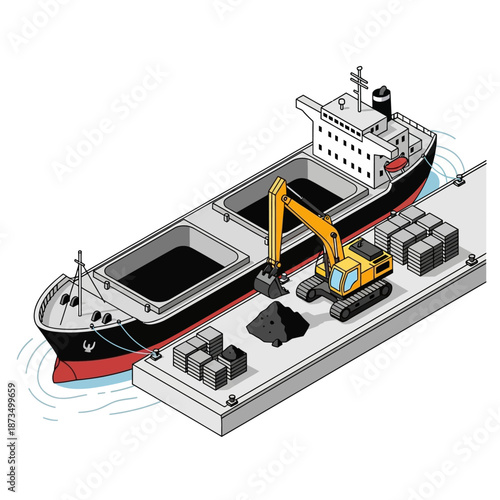 Isometric illustration of a bulk carrier ship being loaded with coal at a port.