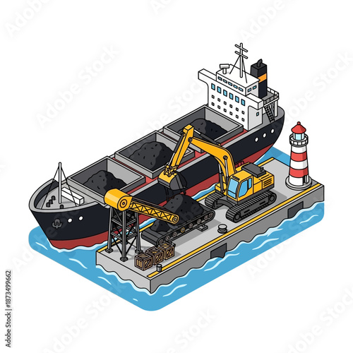Isometric illustration of a bulk carrier ship being loaded with coal at a port.